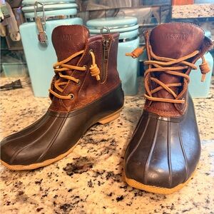 Sperry Brown Leather & Dark Brown Rubber Duck Boots with Tan Laces
